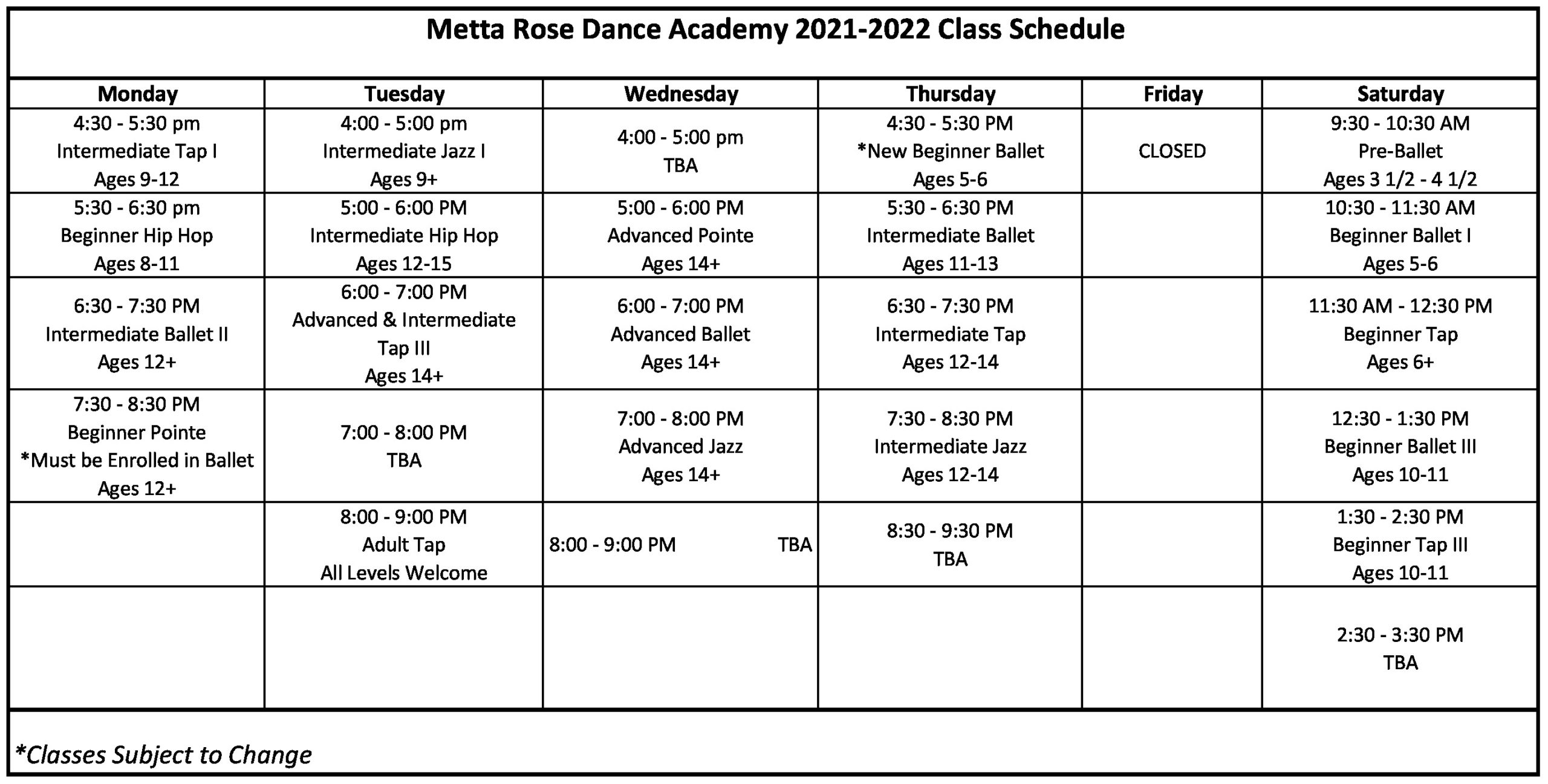 MRDA Class Schedule 2021-22