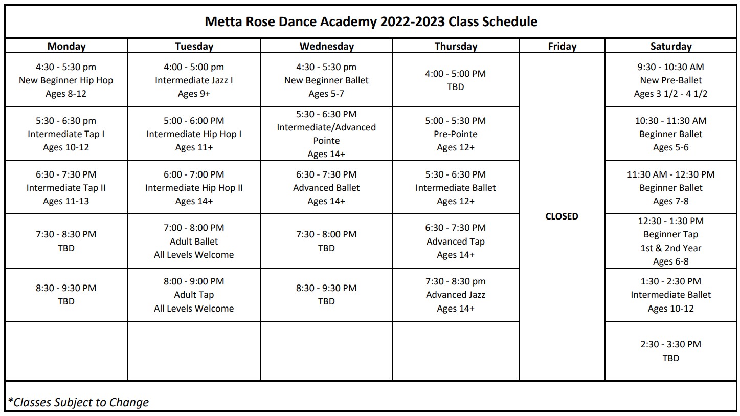 Metta Rose 2022-2023 Schedule