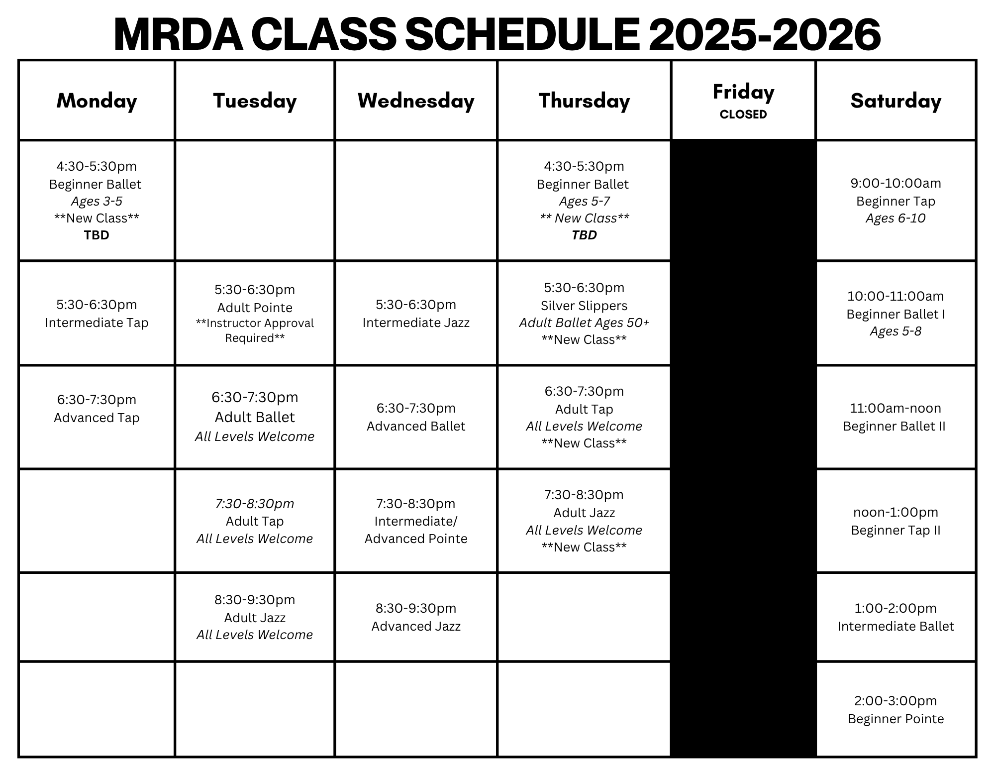 MRDA schedule 2025-2026